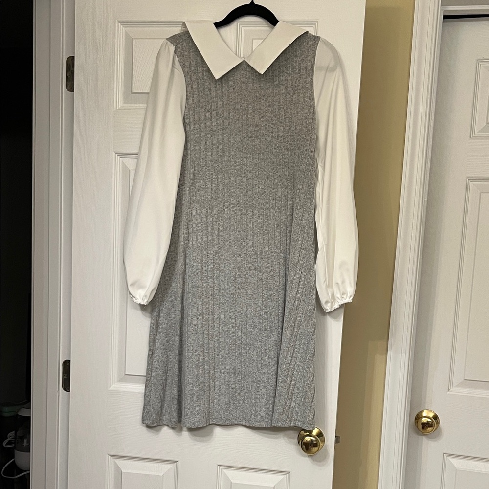 Gray Maternity Dress with White Collar and Sleeves